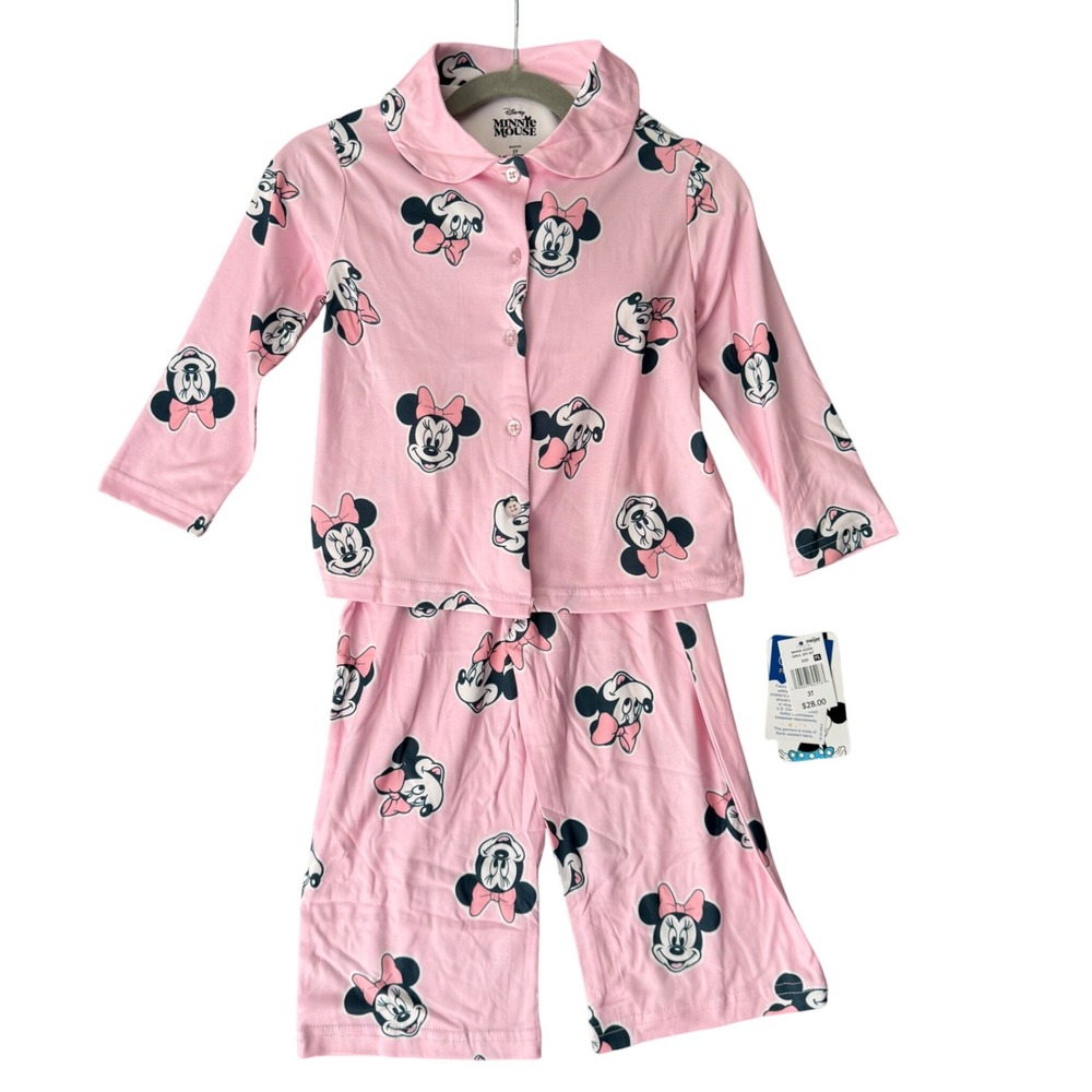 Disney Girls 3T Pajama Set Pink Minnie Mouse‎ Button Front Flame Resistant NWT